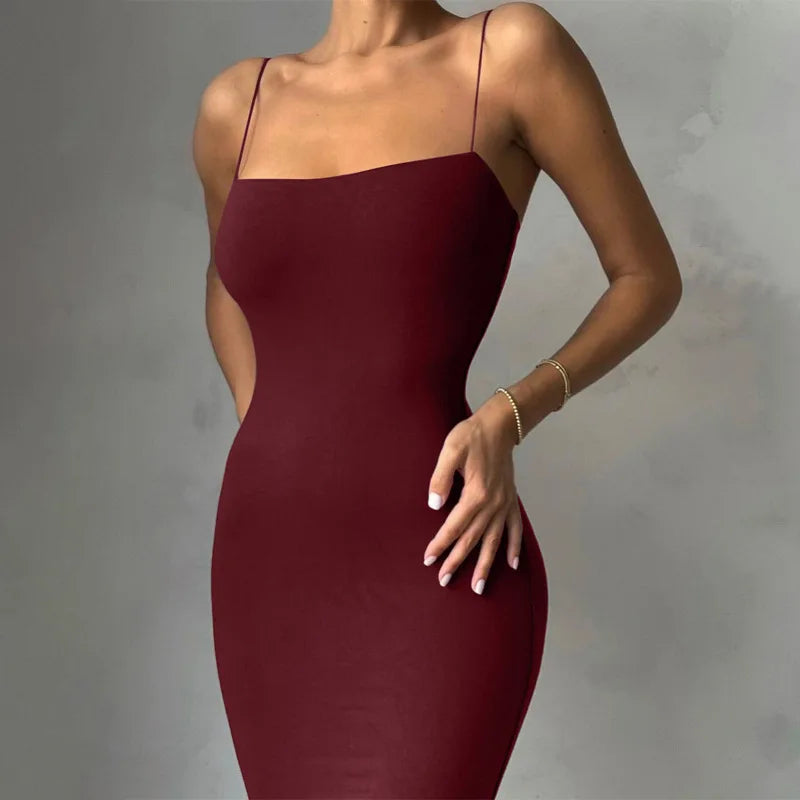 2024 Autumn Winter Women Solid White Black Strap Midi Dress Bodycon Sexy Streetwear Party Club Elegant Fashion Clothes