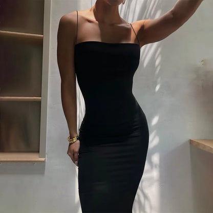 2024 Autumn Winter Women Solid White Black Strap Midi Dress Bodycon Sexy Streetwear Party Club Elegant Fashion Clothes